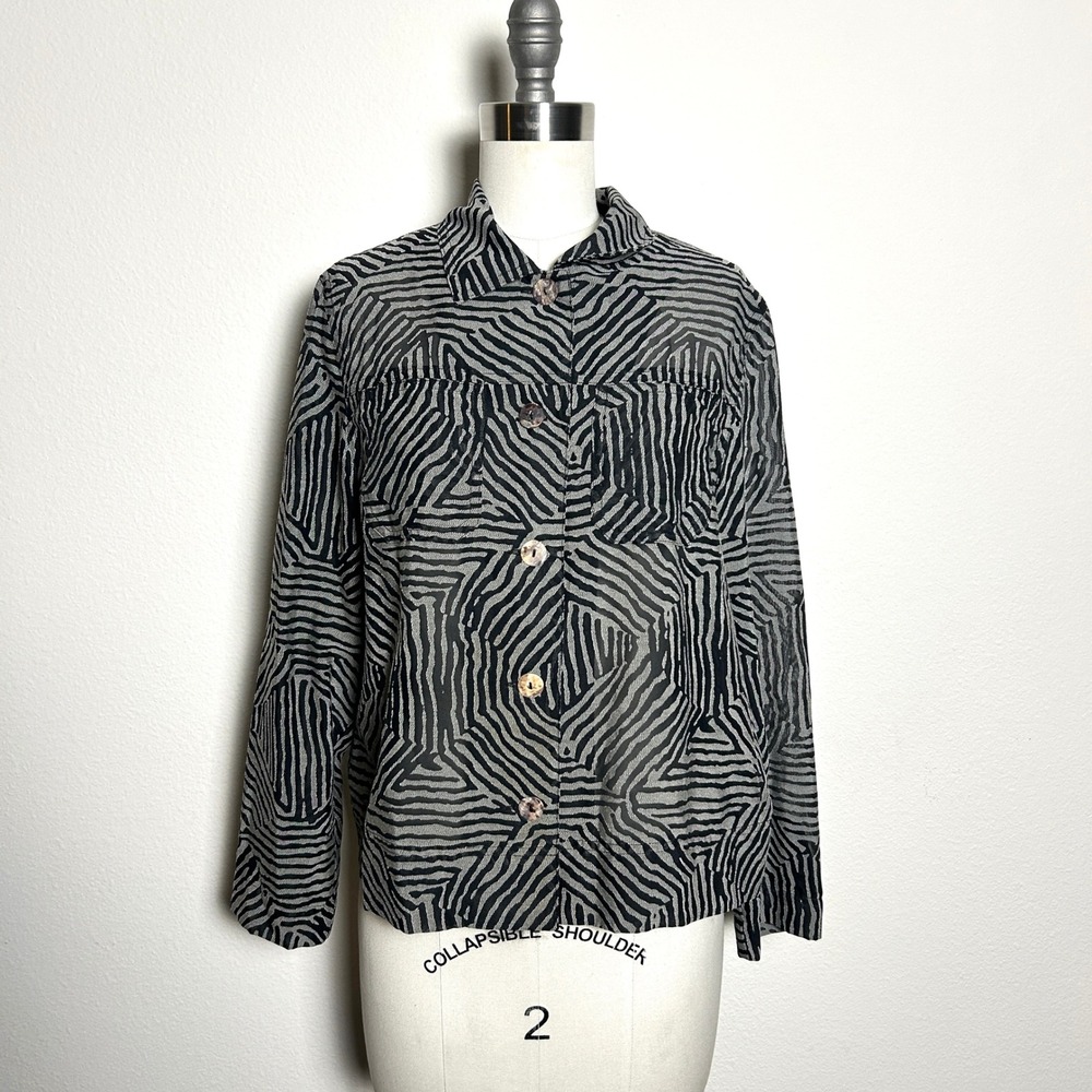 Koret Black Silver Zebra Print Sheer Button Front Blouse Shirt Women Size PS VTG